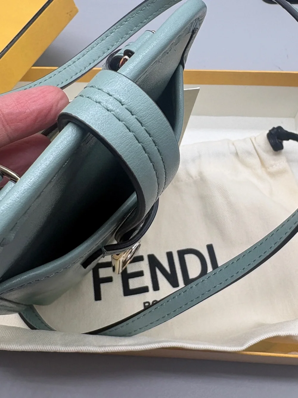 Fendi O’Lock Leather Phone Pouch Crossbody Mint Green Box Dust Bag